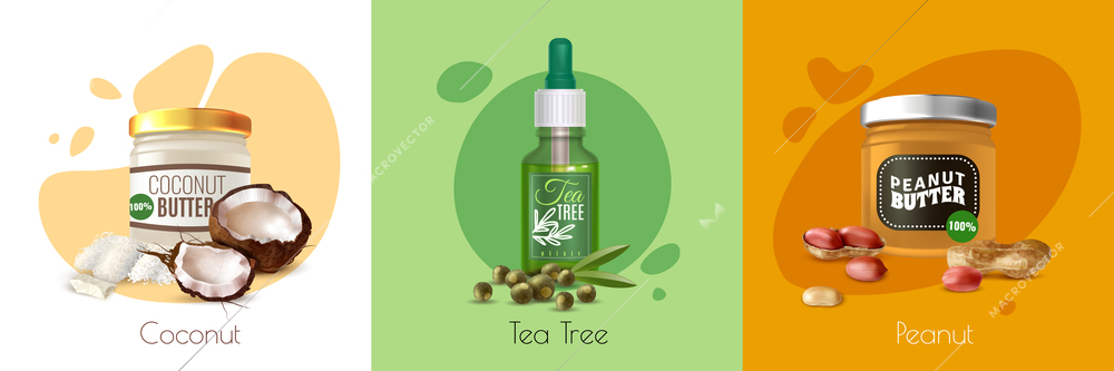 Colored realistic oil product design concept with coconut tea tree and peanut bottles of oil vector illustration