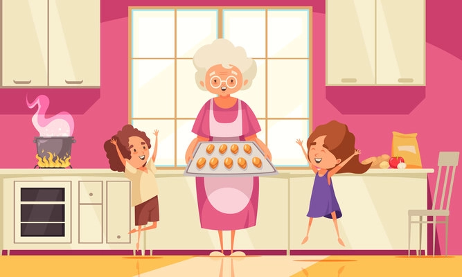 Grandma cooking food background with happy grandchildren flat vector illustration