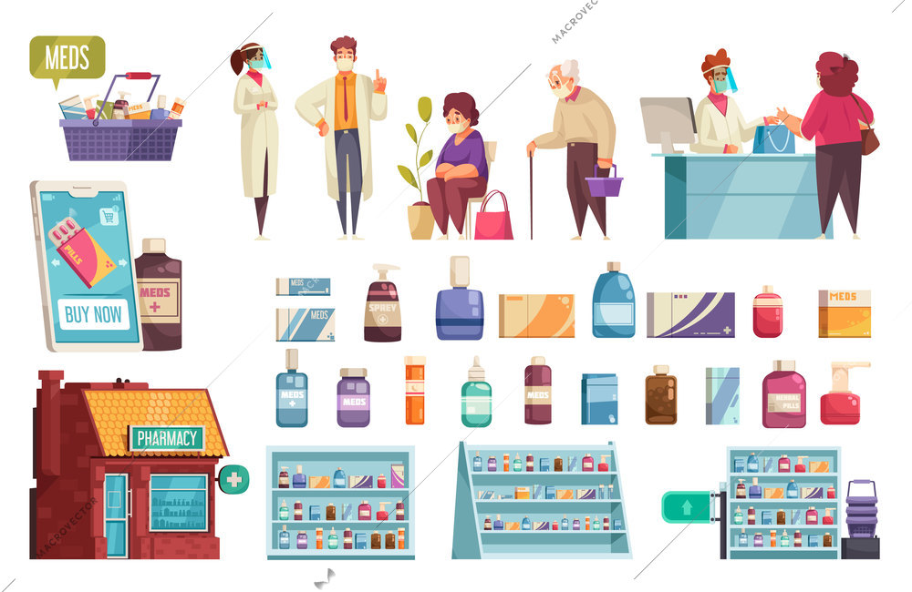 Pharmacy icons set with medicine symbols flat isolated vector illustration