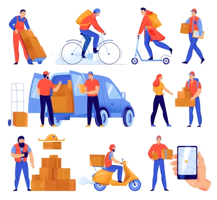 Flat icons set with delivery service men delivering parcels by car scooter bike drone isolated vector illustration