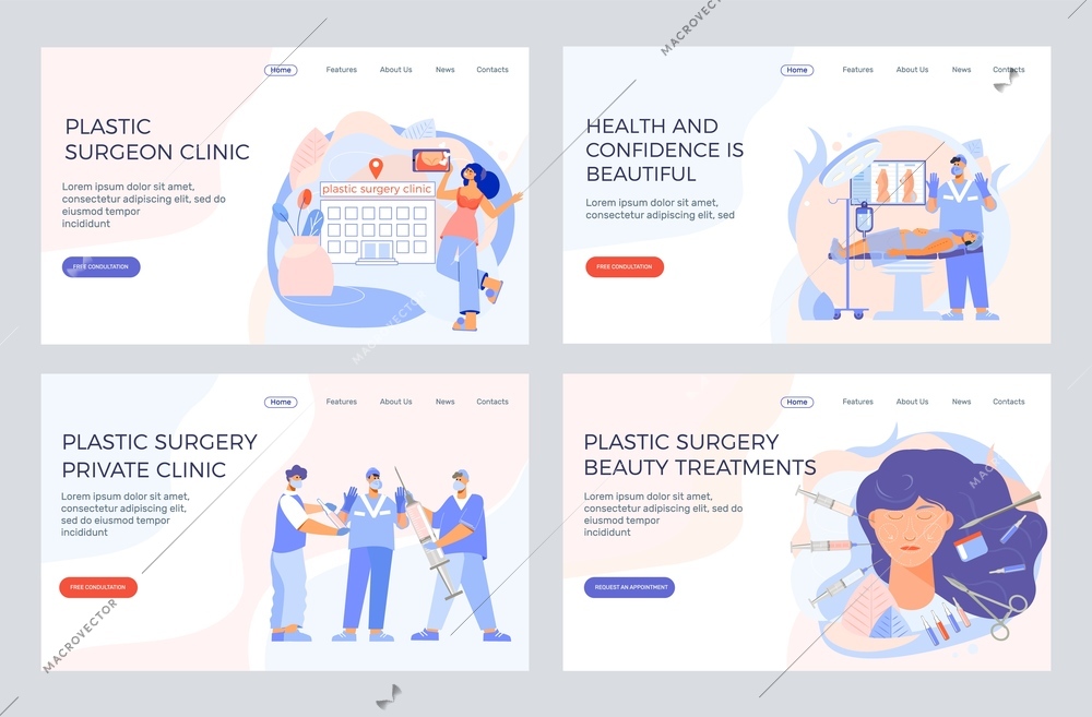 Plastic surgery private clinic 4 web pages banners  with facial body aesthetics cosmetic beauty treatments vector illustration