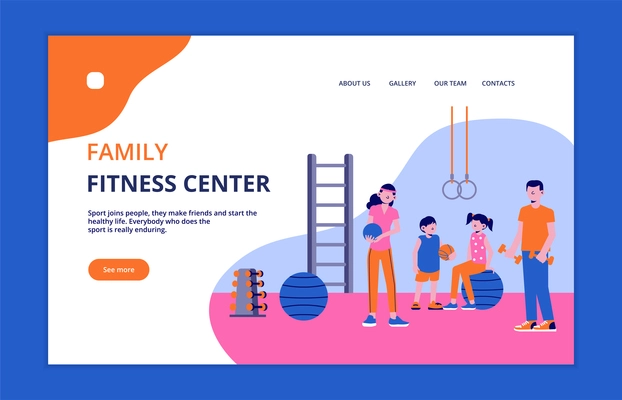 Family sport concept banner for website landing page with clickable links buttons people and gymnastic apparatus vector illustration