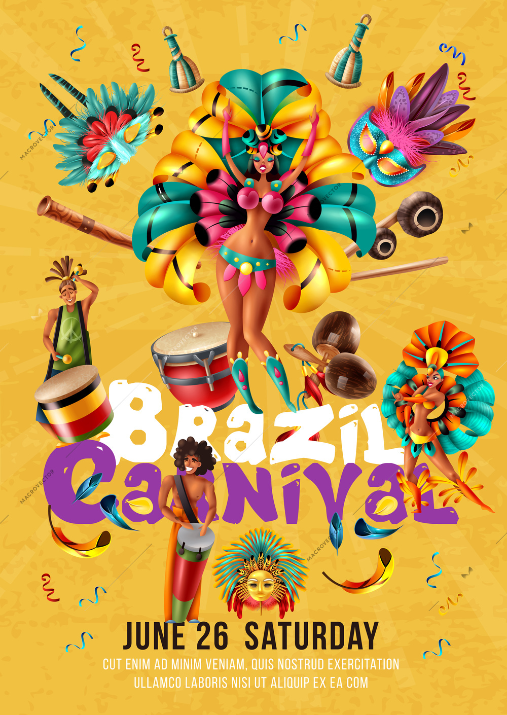 Brazil carnival invitation poster with dancers musicians masks traditional musical instruments on yellow background realistic vector illustration