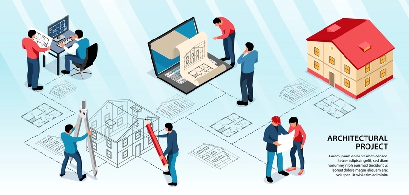 Architectural project infographics layout with designers working with computer app and drawing tools isometric vector illustration