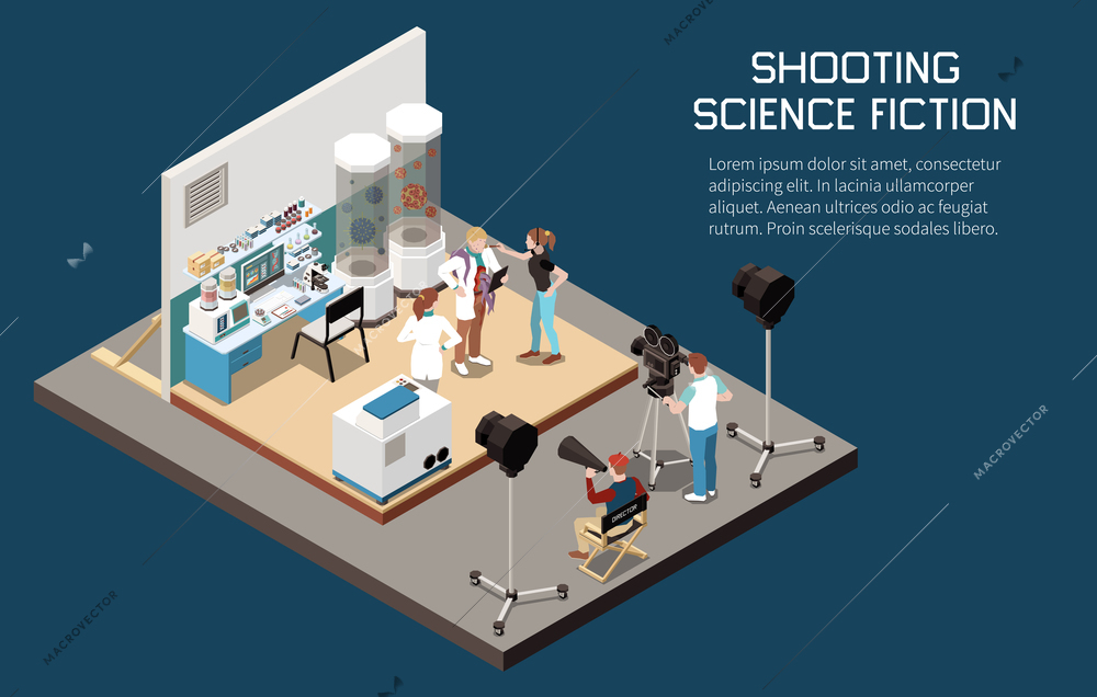 Cinema isometric composition with view of filming location with editable text and people with light cameras vector illustration