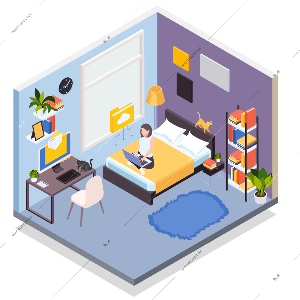 Working from home isometric composition with young woman cat lover with laptop in bedroom vector illustration