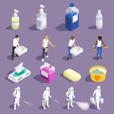 Sanitizing isometric set with icons of medical appliances and characters of disinfectors with people washing hands vector illustration