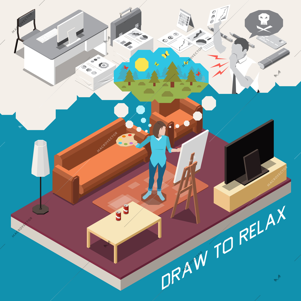 Stress management design with draw to relax symbols isometric vector illustration