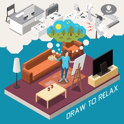 Stress management design with draw to relax symbols isometric vector illustration