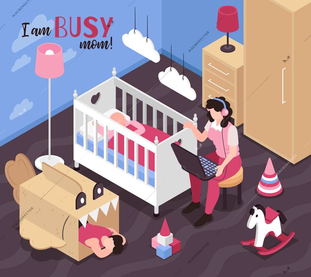 Isometric super mom composition with text and childrens room scenery with sleeping kids and working mother vector illustration