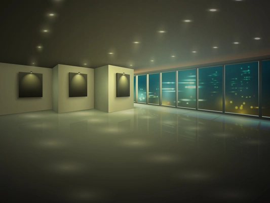 Empty illuminated apartment hall with city view at night vector illustration