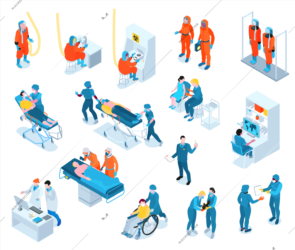 Infectious disease isometric set with scientist and doctor symbols isolated vector illustration