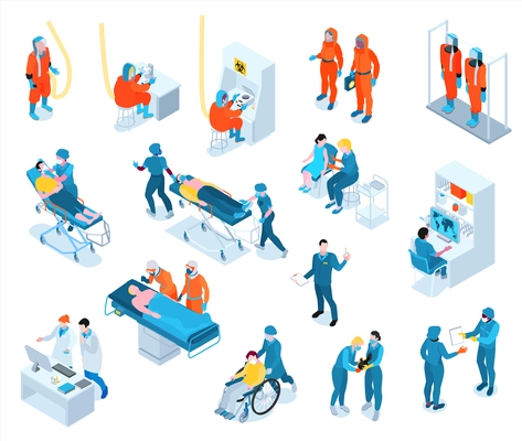 Infectious disease isometric set with scientist and doctor symbols isolated vector illustration