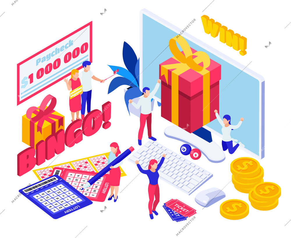 Lottery jackpot buying tickets online scratch cards draw results winner paycheck prize celebration isometric composition vector illustration