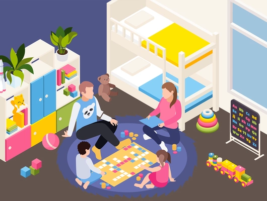 Household quarantine isolation isometric composition with family staying home playing with children in kids room vector illustration