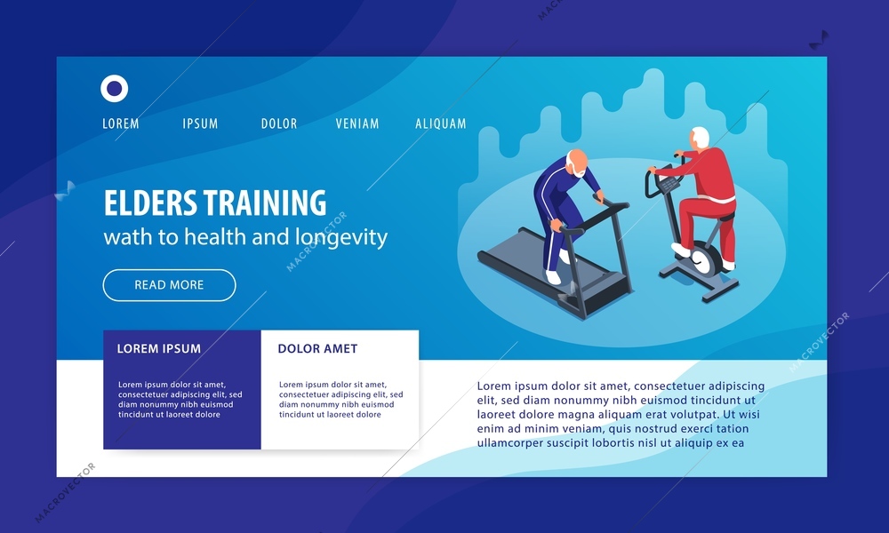 Isometric nursing home website template design with images of elderly people doing physical exercises on machines vector illustration