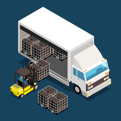 Logistics custom isometric colored composition and cargo loaded in a big truck vector illustration