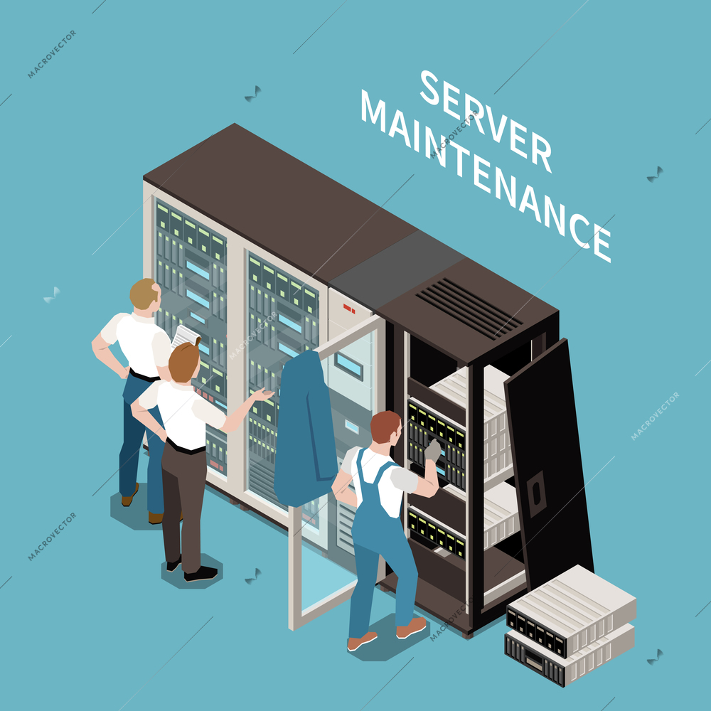 Datacenter colored and isometric composition server maintenance headline and situation at work vector illustration