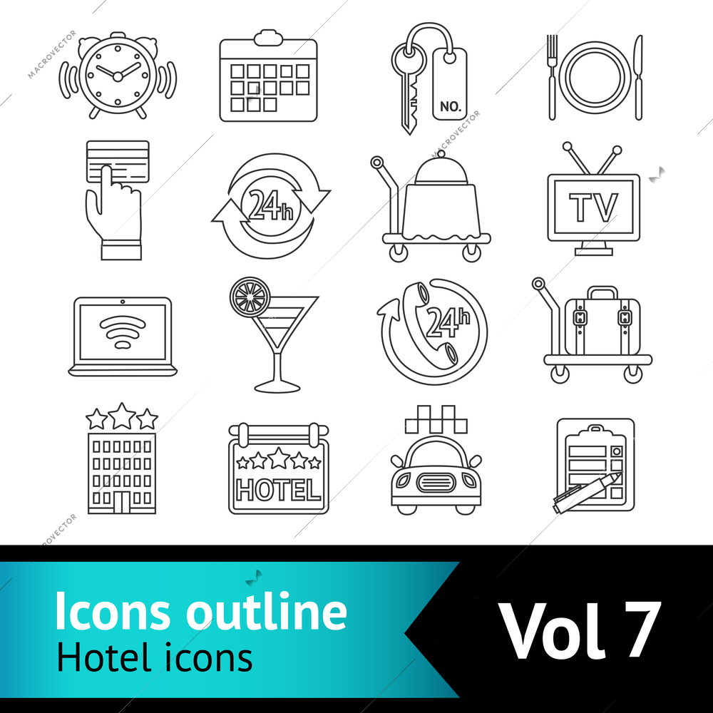 Hotel travel bed  outline icons set of cocktail bar restaurant service and taxi parking isolated vector illustration
