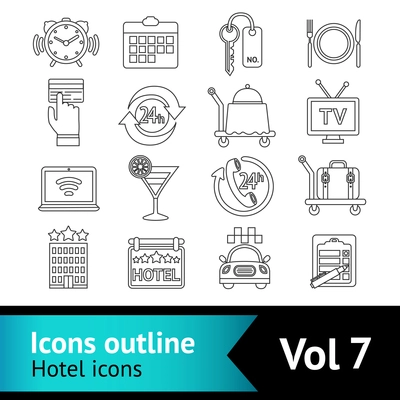 Hotel travel bed  outline icons set of cocktail bar restaurant service and taxi parking isolated vector illustration