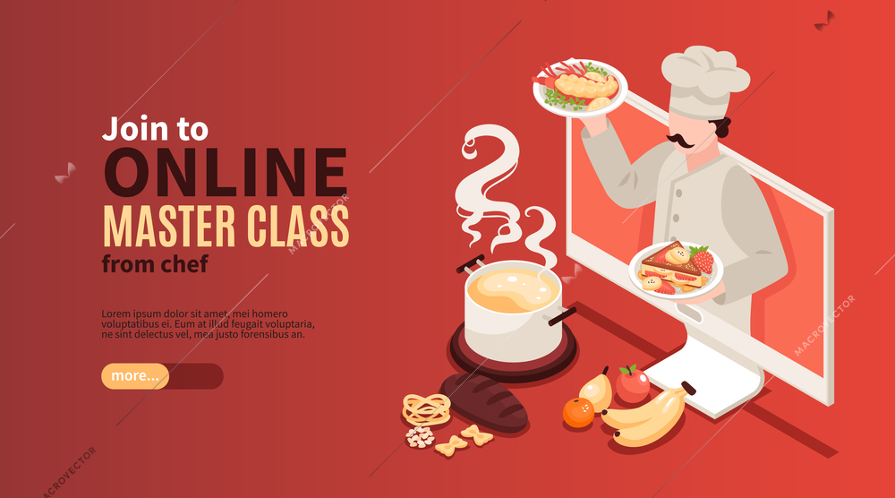 Isometric cooking school blog horizontal banner with character of cook on computer screen with editable text vector illustration