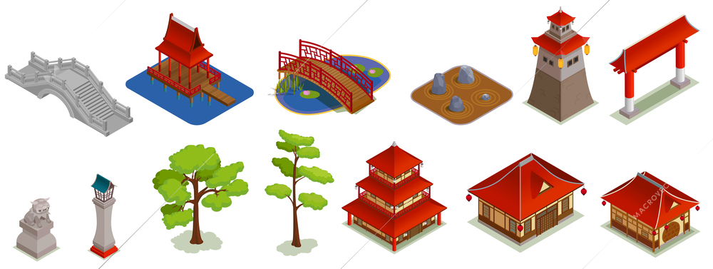 Asian buildings architecture isometric set with isolated icons and images of traditional oriental buildings and landforms vector illustration