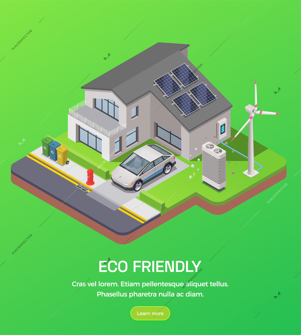 Eco friendly technology square background with editable text learn more button and isometric images of neighbourhood vector illustration