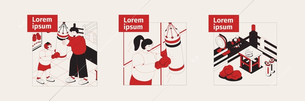 Boxing isometric illustrations of ring corner and  athletes training with sports equipment vector illustration