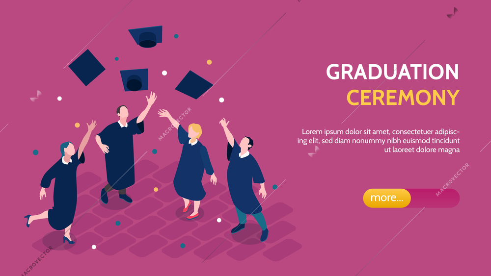 Graduation ceremony page design with celebration symbols isometric vector illustration