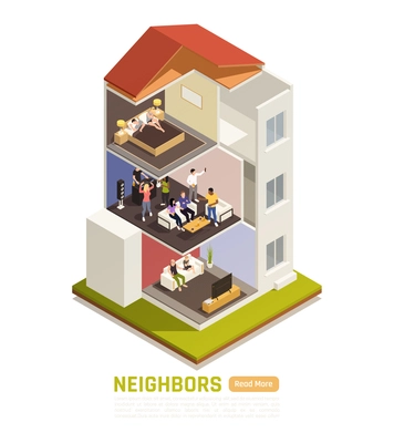 Common neighbor disputes isometric composition with flat dwellers suffering from loud music party noise nuisance vector illustration