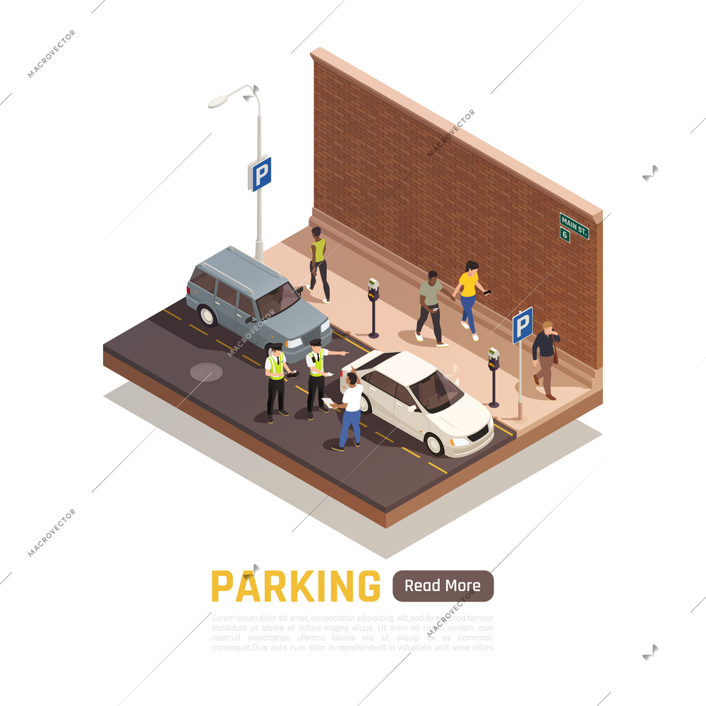 Wrong parking in city street isometric composition with police officers handing penalty note to driver vector illustration