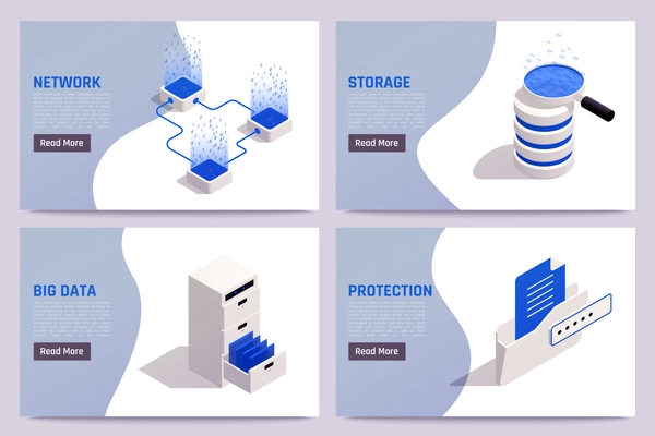 Big data storage solutions safe access processing network protection 4 isometric web banners templates set vector illustration