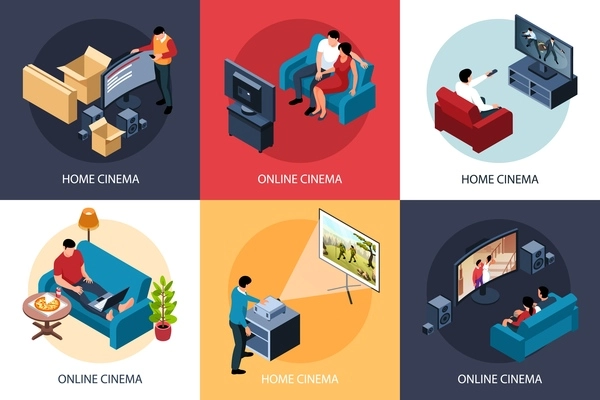 Isometric online cinema design concept 3x2 set of compositions with people enjoying watching movie at home vector illustration