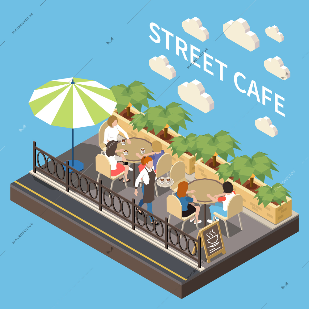 Colored and isometric street cafe terrace composition restaurant with outdoor seating area vector illustration