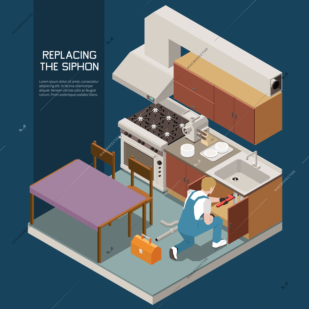 Plumber isometric composition with replacing the siphon headline and handyman fix broken siphon vector illustration