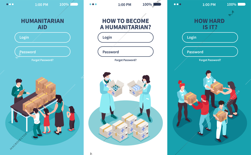 Vertical isometric icons set with login form and volunteers providing humanitarian support 3d isolated vector illustration