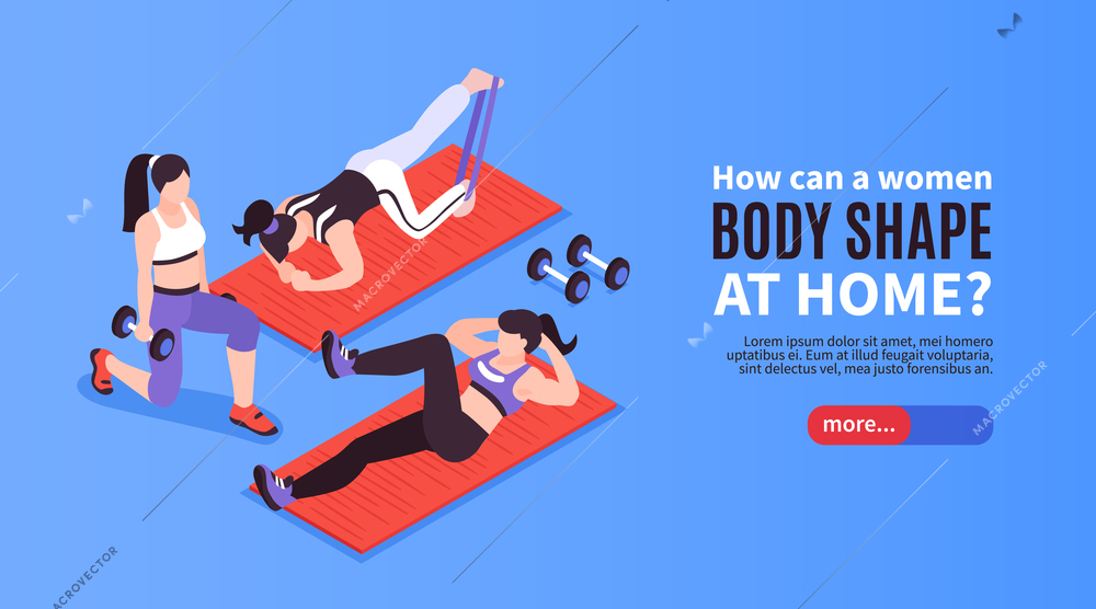 Isometric home fitness horizontal banner with editable text more button and female characters practicing with barbells vector illustration