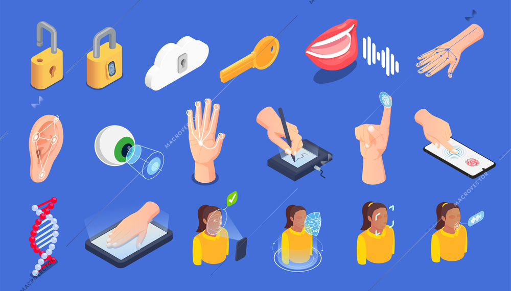 Biometric authentication isometric icons set with fingerprint voice eye face ear dna veins recognition digital signature isolated on blue background 3d vector illustration