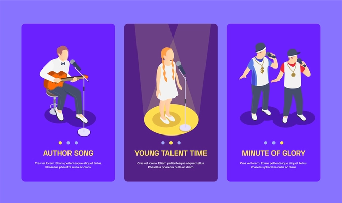 Three isometric banners with people and children singing at tv talent show 3d isolated vector illustration