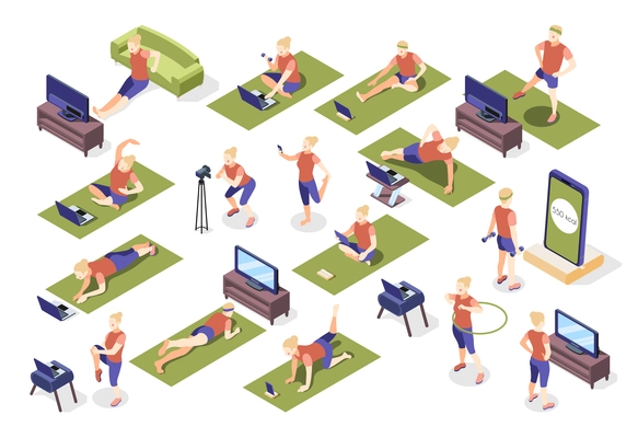 Fitness online isometric set of people sitting and lying on mat or standing in various pose in front of TV or laptop vector illustration