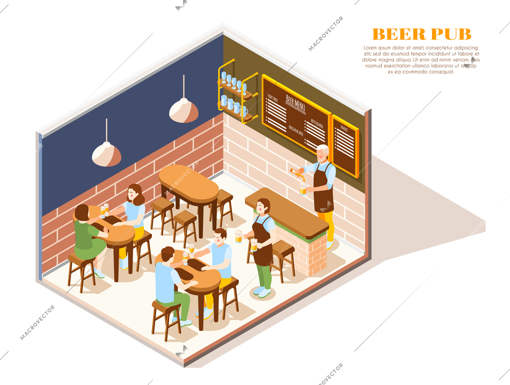 Restaurant cafe beer bar pub interior isometric view with bartender and waiter serving clients vector illustration