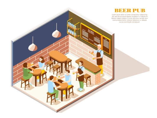 Restaurant cafe beer bar pub interior isometric view with bartender and waiter serving clients vector illustration