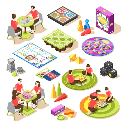 Board games isometric icons set with various tools elements pawn figures and dices isolated vector illustration