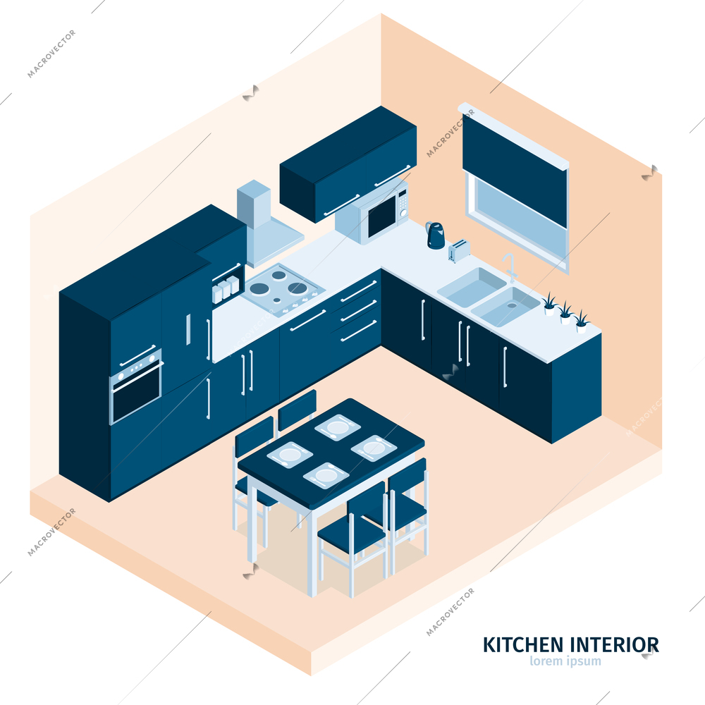 Isometric kitchen composition with text and indoor view of dining place with stove kitchenware and cabinetry vector illustration