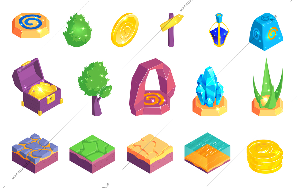 Isometric game landscape set of isolated treasure icons and surface puzzle elements images on blank background vector illustration
