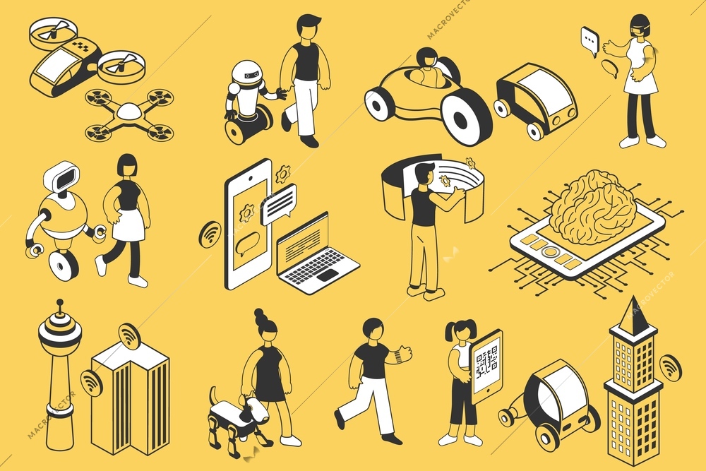 Future technology isometric icons set with people robots modern devices means of transport isolated on yellow background 3d vector illustration