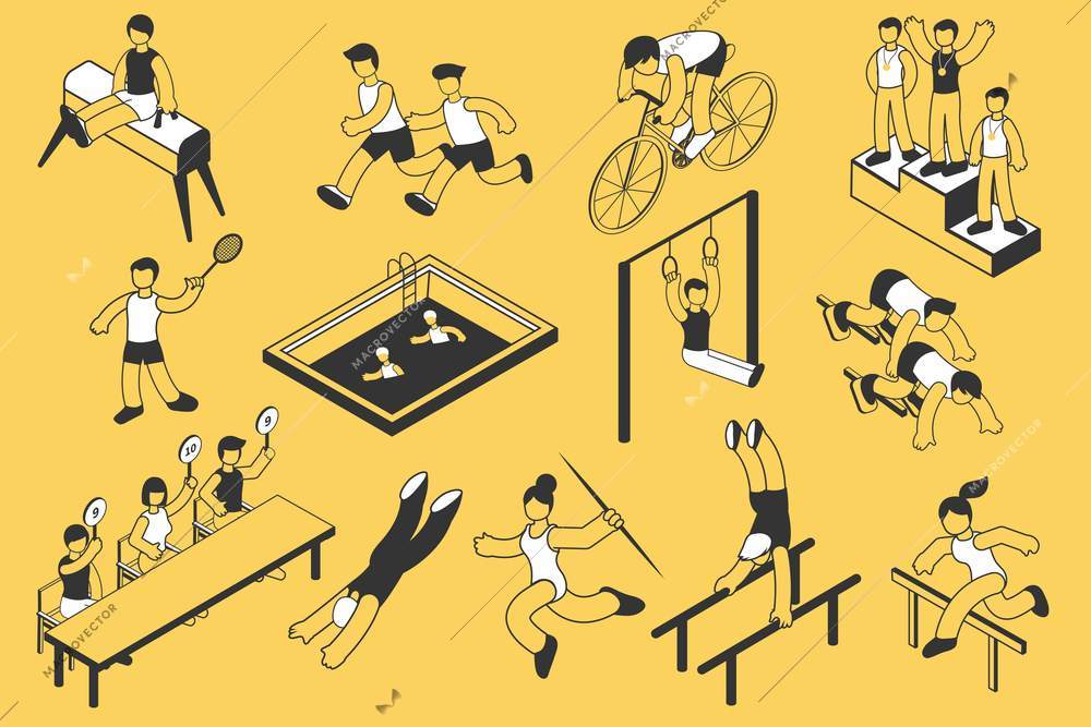 Summer sport competition set of isolated icons and isometric characters of athletes with gymnastic apparatus images vector illustration