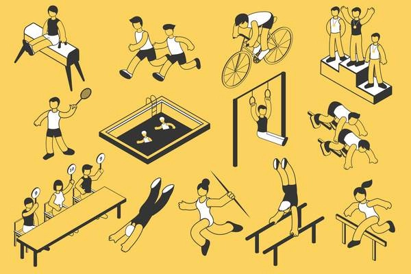 Summer sport competition set of isolated icons and isometric characters of athletes with gymnastic apparatus images vector illustration