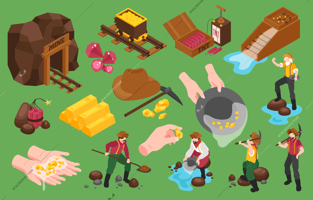 Set of isometric gold mining icons and isolated images of gold extraction with workers and tools vector illustration