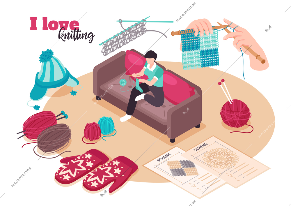 Isometric love knitting composition with ornate text and female character surrounded by needlework icons and schemes vector illustration